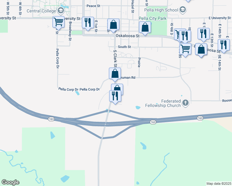 map of restaurants, bars, coffee shops, grocery stores, and more near 402 South Clark Street in Pella
