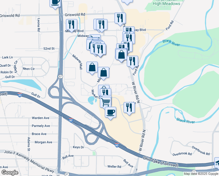 map of restaurants, bars, coffee shops, grocery stores, and more near 52 Yorktown Lane in Elyria