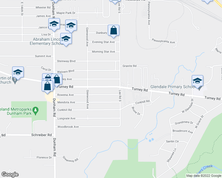 map of restaurants, bars, coffee shops, grocery stores, and more near 16210 Turney Road in Maple Heights