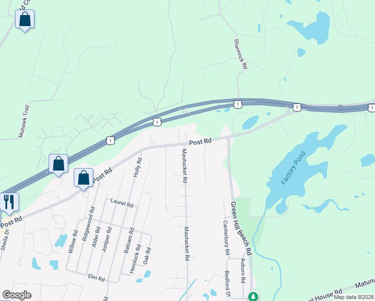 map of restaurants, bars, coffee shops, grocery stores, and more near 12 Mautucket Road in South Kingstown
