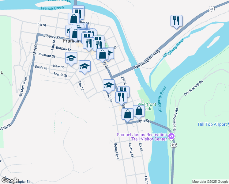 map of restaurants, bars, coffee shops, grocery stores, and more near 941 Liberty Street in Franklin