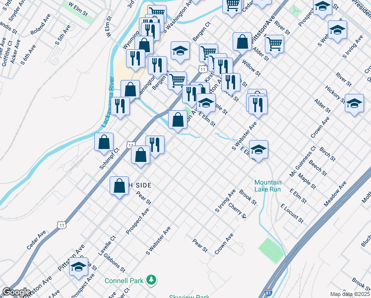 map of restaurants, bars, coffee shops, grocery stores, and more near 530 Brook Street in Scranton