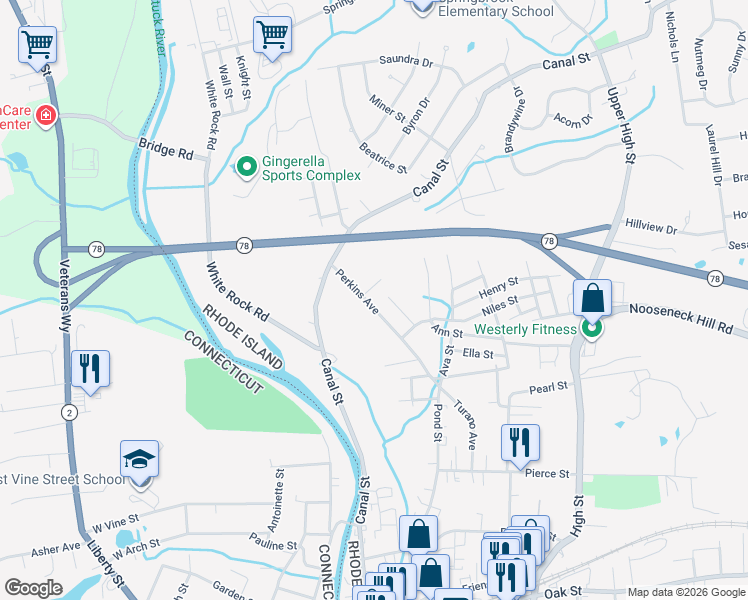 map of restaurants, bars, coffee shops, grocery stores, and more near 37 Perkins Avenue in Westerly
