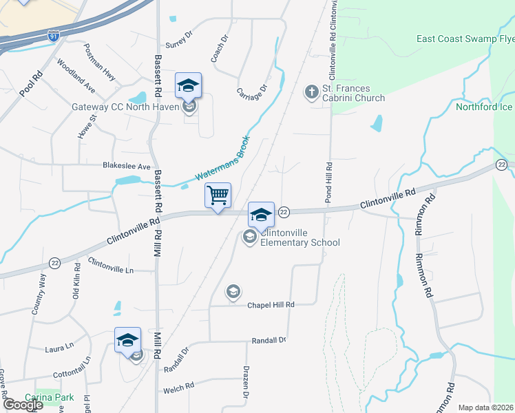 map of restaurants, bars, coffee shops, grocery stores, and more near 445 Clintonville Road in North Haven
