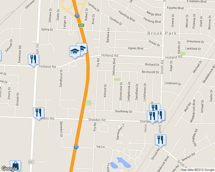 map of restaurants, bars, coffee shops, grocery stores, and more near 6391 Almont Drive in Brook Park