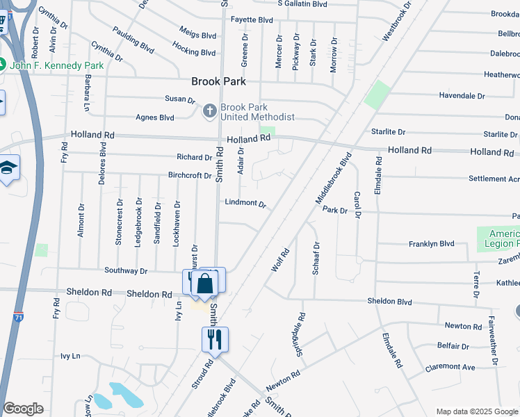 map of restaurants, bars, coffee shops, grocery stores, and more near 15017 Lindmont Drive in Brook Park
