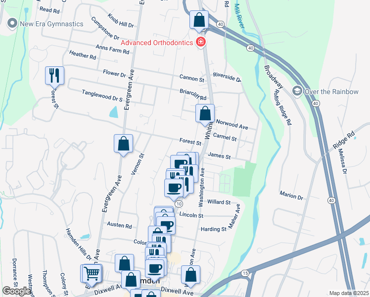 map of restaurants, bars, coffee shops, grocery stores, and more near 84 Linden Avenue in Hamden