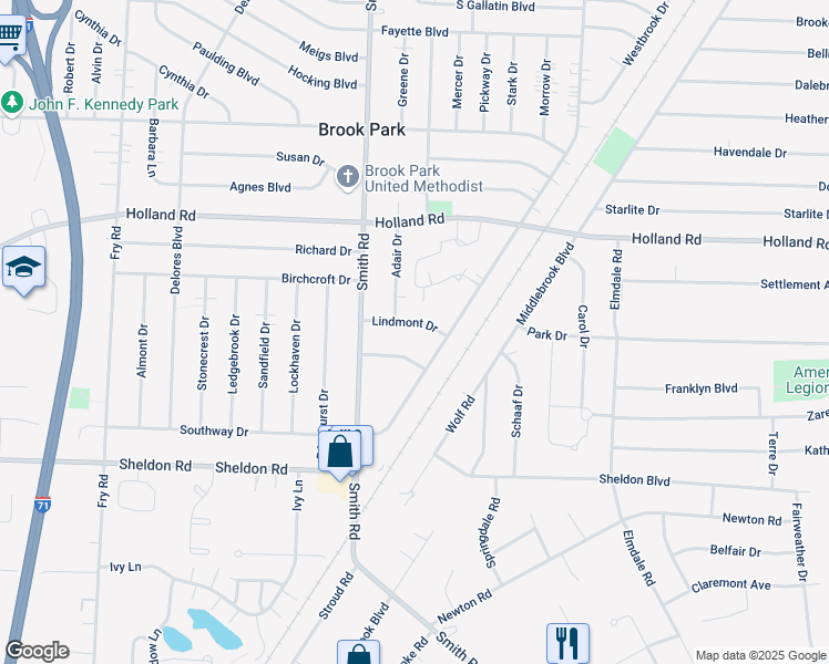 map of restaurants, bars, coffee shops, grocery stores, and more near 15017 Lindmont Dr in Brook Park