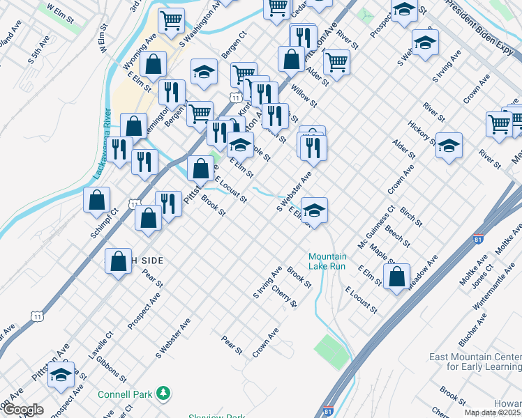 map of restaurants, bars, coffee shops, grocery stores, and more near 635 East Locust Street in Scranton