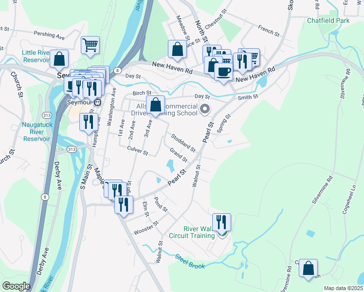 map of restaurants, bars, coffee shops, grocery stores, and more near 28 Stoddard Street in Seymour