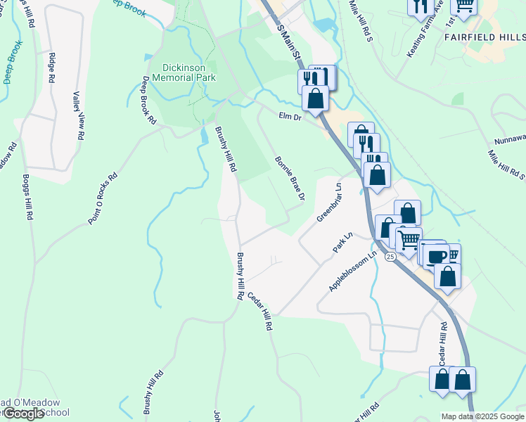 map of restaurants, bars, coffee shops, grocery stores, and more near 31A Brushy Hill Road in Newtown