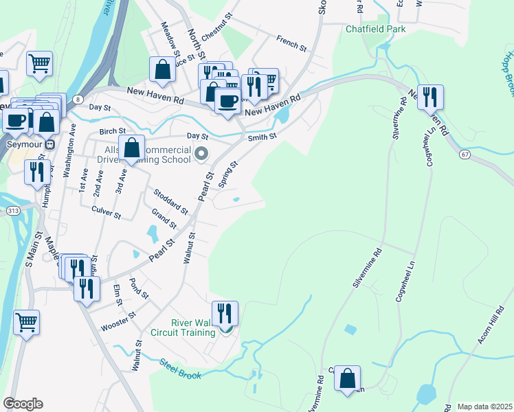 map of restaurants, bars, coffee shops, grocery stores, and more near 30 Great Oak Ridge Way in Seymour