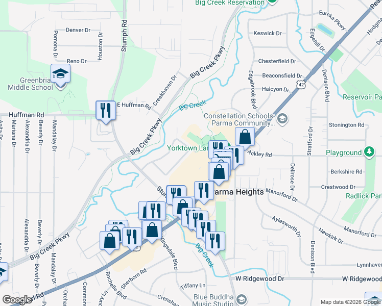 map of restaurants, bars, coffee shops, grocery stores, and more near 10981 Westborough Road in Parma Heights