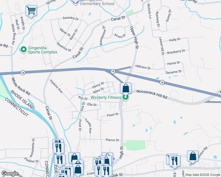 map of restaurants, bars, coffee shops, grocery stores, and more near 8 Elizabeth Street in Westerly