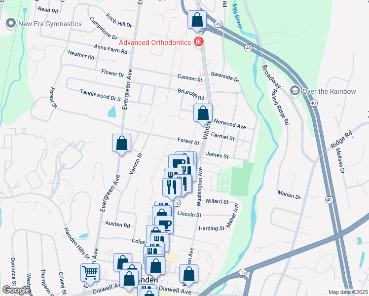 map of restaurants, bars, coffee shops, grocery stores, and more near 84 Linden Avenue in Hamden