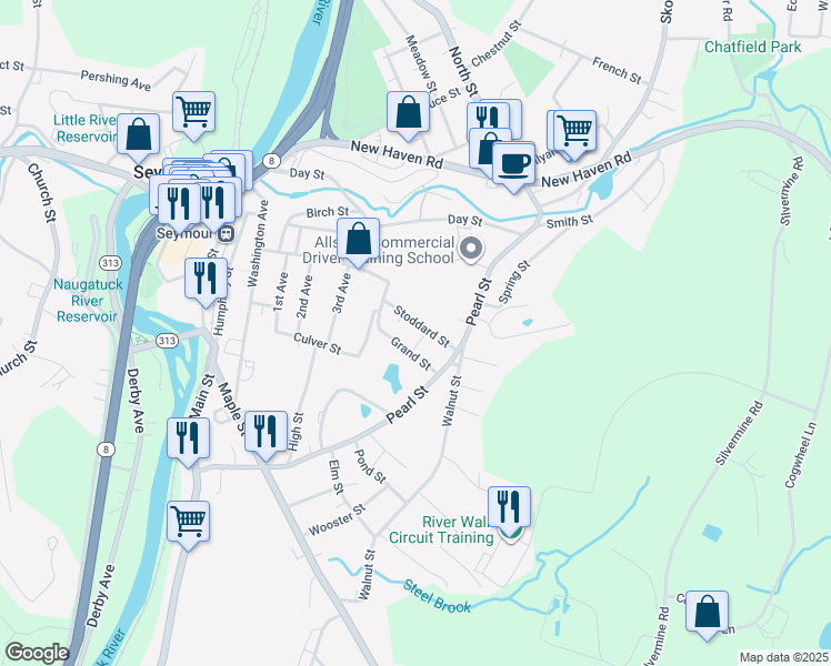 map of restaurants, bars, coffee shops, grocery stores, and more near 28 Stoddard Street in Seymour