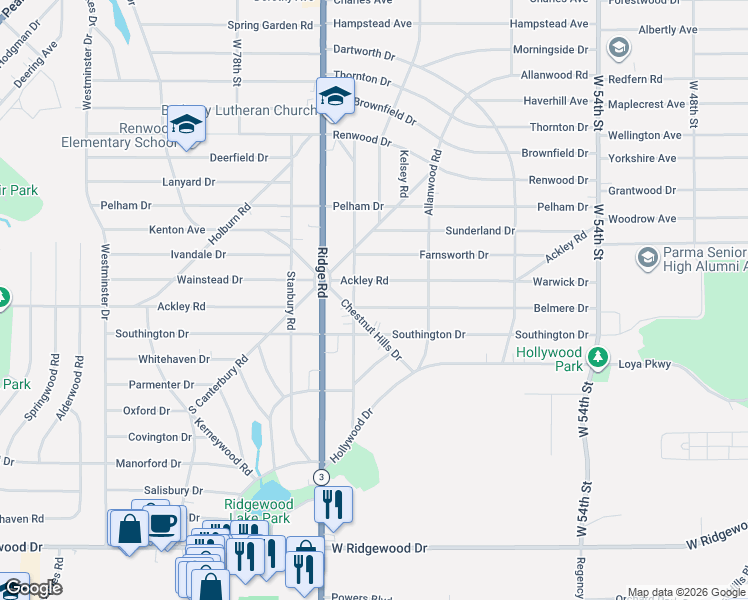 map of restaurants, bars, coffee shops, grocery stores, and more near 6822 Belmere Drive in Parma