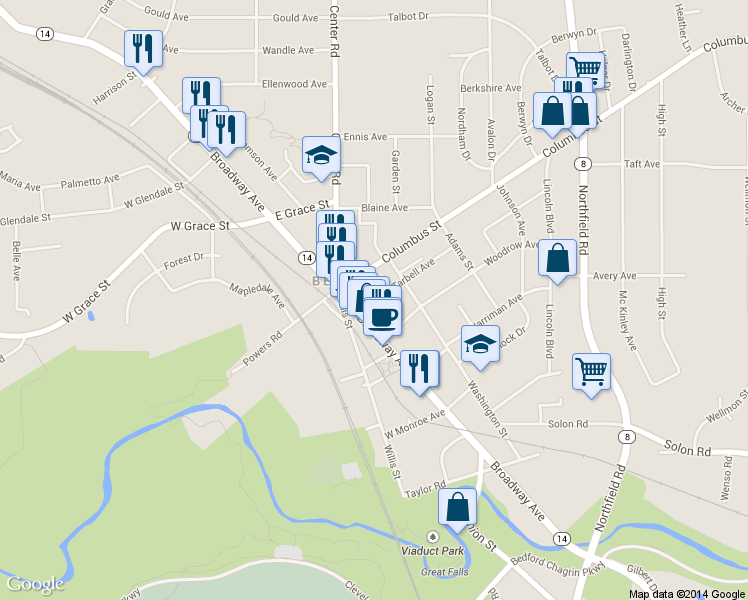 map of restaurants, bars, coffee shops, grocery stores, and more near 25 Tarbell Avenue in Bedford