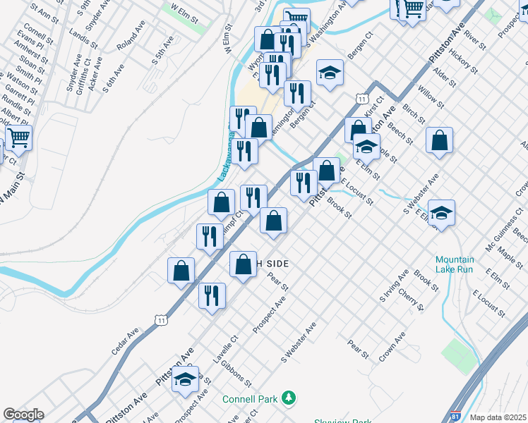 map of restaurants, bars, coffee shops, grocery stores, and more near 400 Fig Street in Scranton