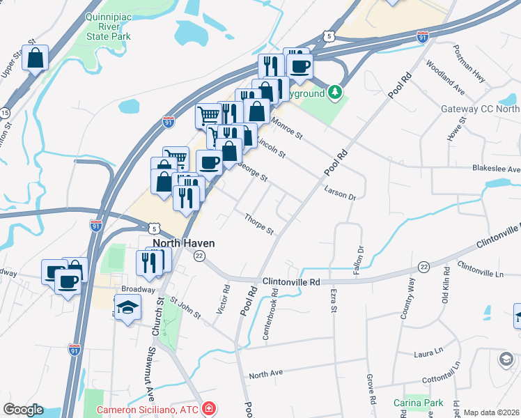 map of restaurants, bars, coffee shops, grocery stores, and more near 11 Lynette Drive in North Haven