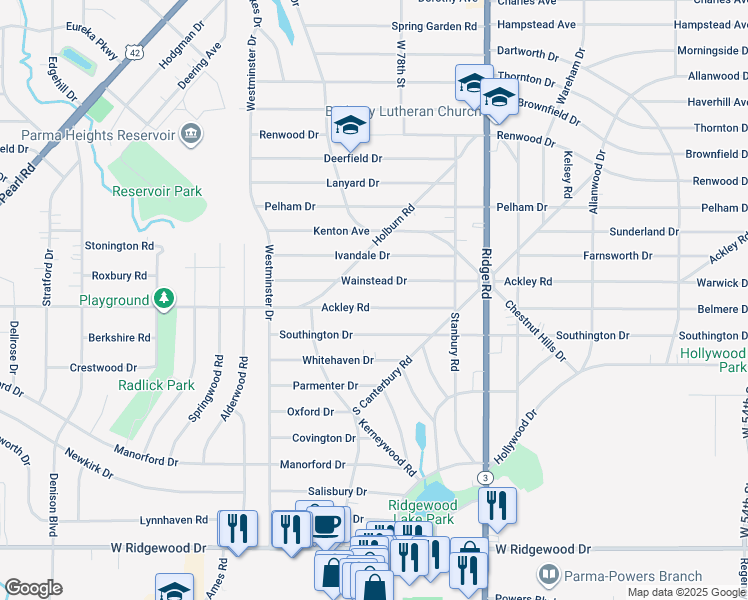 map of restaurants, bars, coffee shops, grocery stores, and more near 7916 Ackley Road in Parma