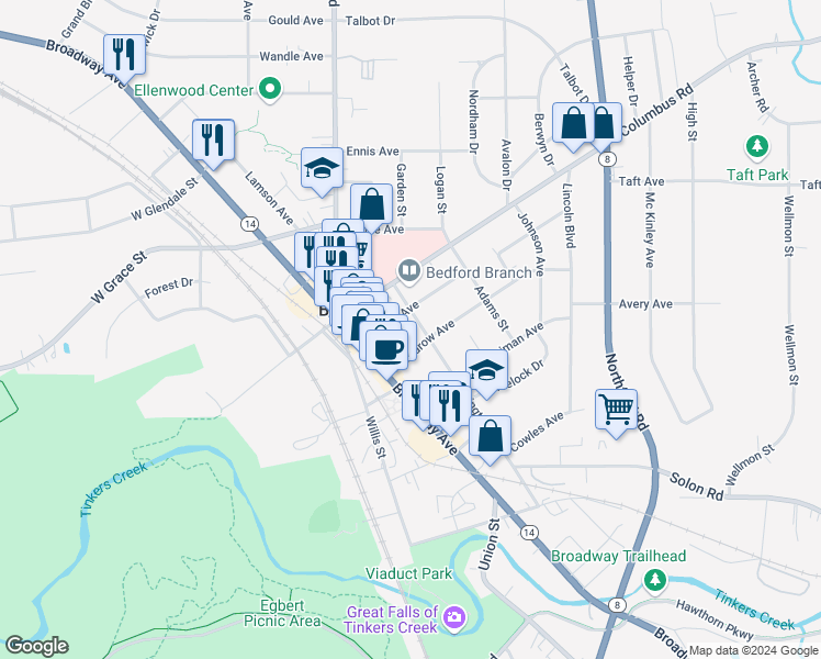 map of restaurants, bars, coffee shops, grocery stores, and more near 690 Washington Street in Bedford Heights