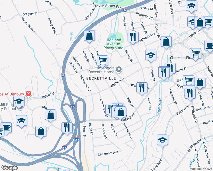 map of restaurants, bars, coffee shops, grocery stores, and more near 42 Abbott Avenue in Danbury