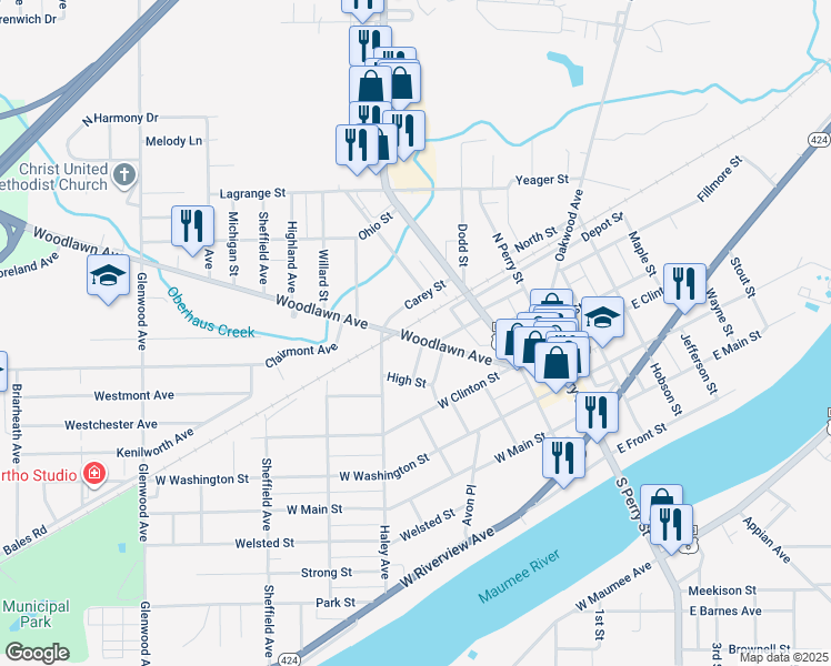 map of restaurants, bars, coffee shops, grocery stores, and more near 928 Woodlawn Avenue in Napoleon