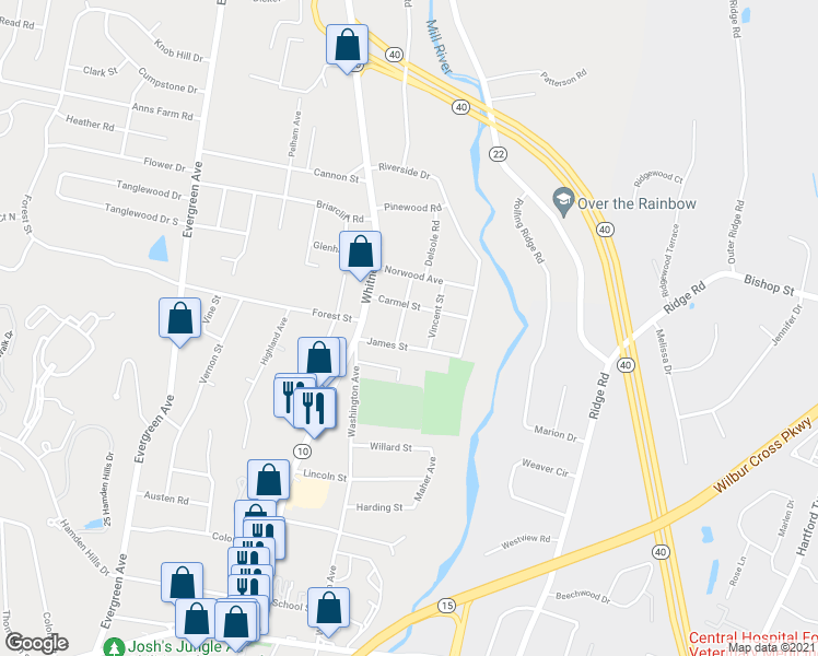 map of restaurants, bars, coffee shops, grocery stores, and more near 19 Amherst Street in Hamden