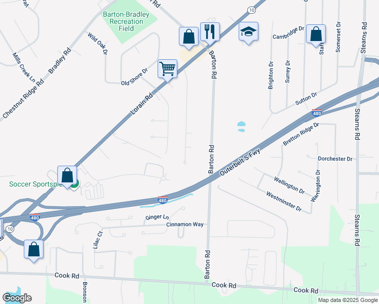 map of restaurants, bars, coffee shops, grocery stores, and more near 6779 Charles Road in North Olmsted