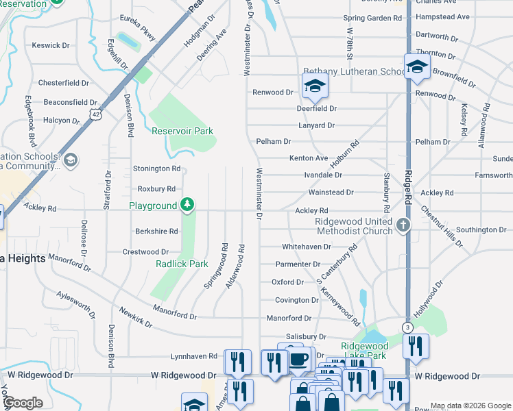map of restaurants, bars, coffee shops, grocery stores, and more near 8504 Ackley Road in Cleveland