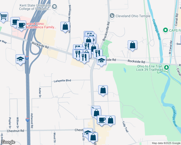 map of restaurants, bars, coffee shops, grocery stores, and more near 6248 Ohio 21 in Independence