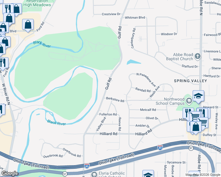 map of restaurants, bars, coffee shops, grocery stores, and more near 1033 Gulf Road in Elyria
