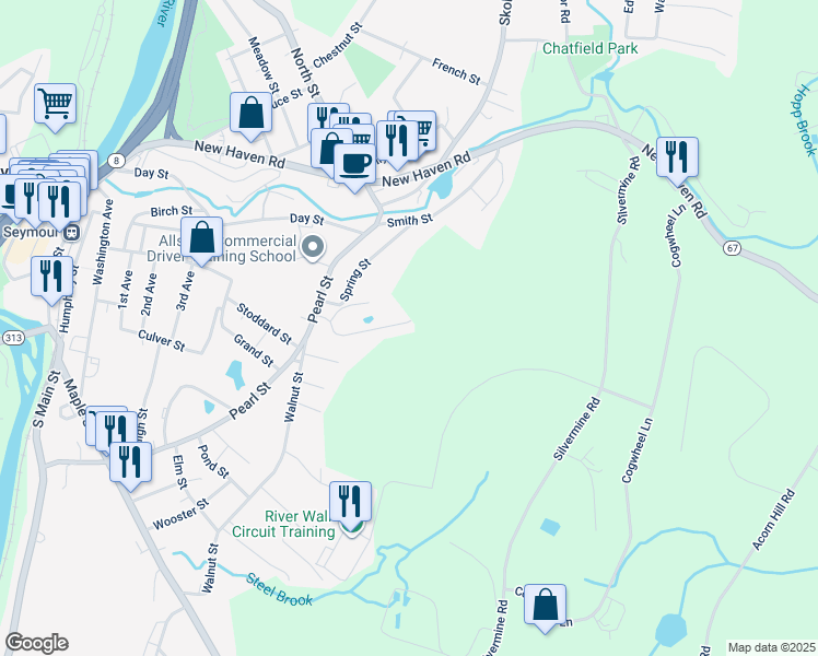 map of restaurants, bars, coffee shops, grocery stores, and more near 32 Great Oak Ridge Way in Seymour