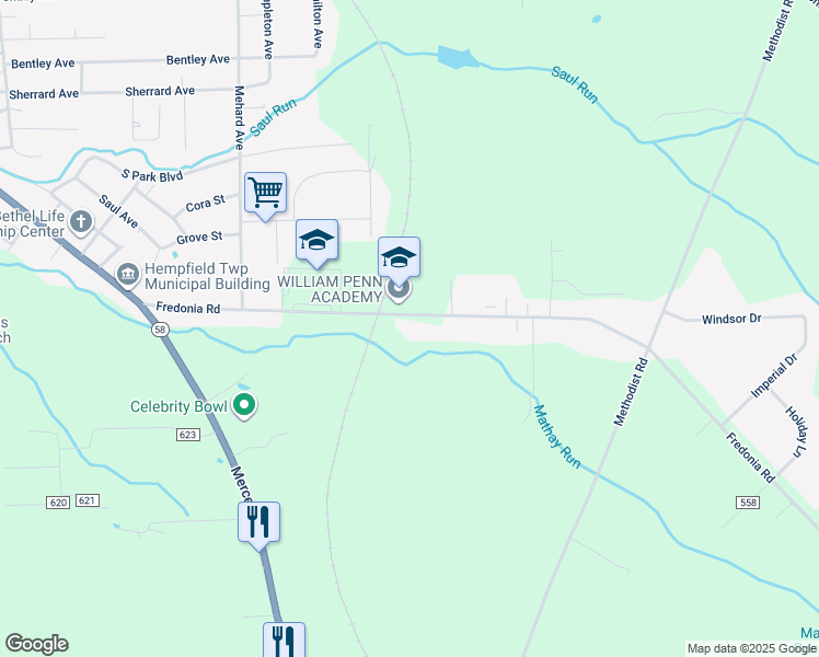 map of restaurants, bars, coffee shops, grocery stores, and more near 85 Fredonia Road in Greenville