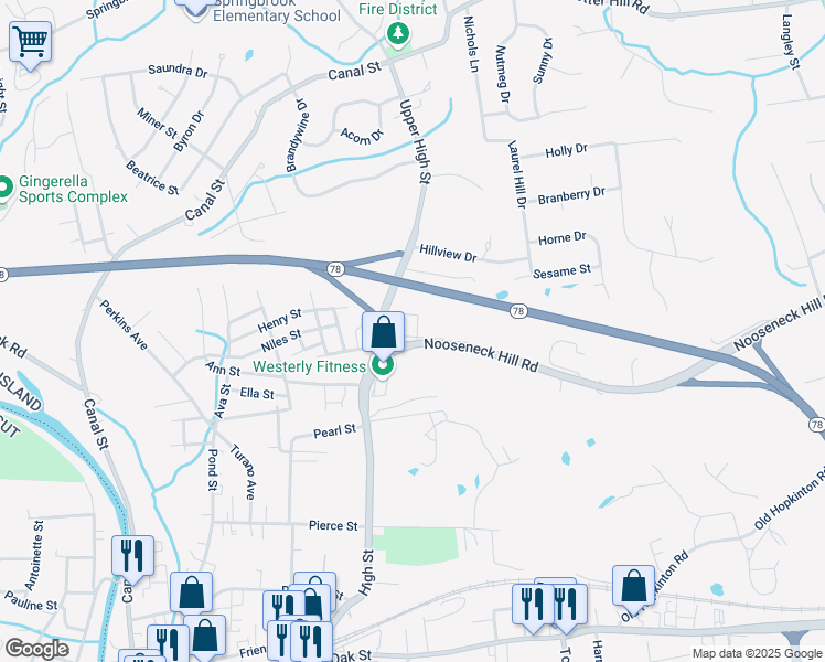 map of restaurants, bars, coffee shops, grocery stores, and more near 2 Wilgis Drive in Westerly