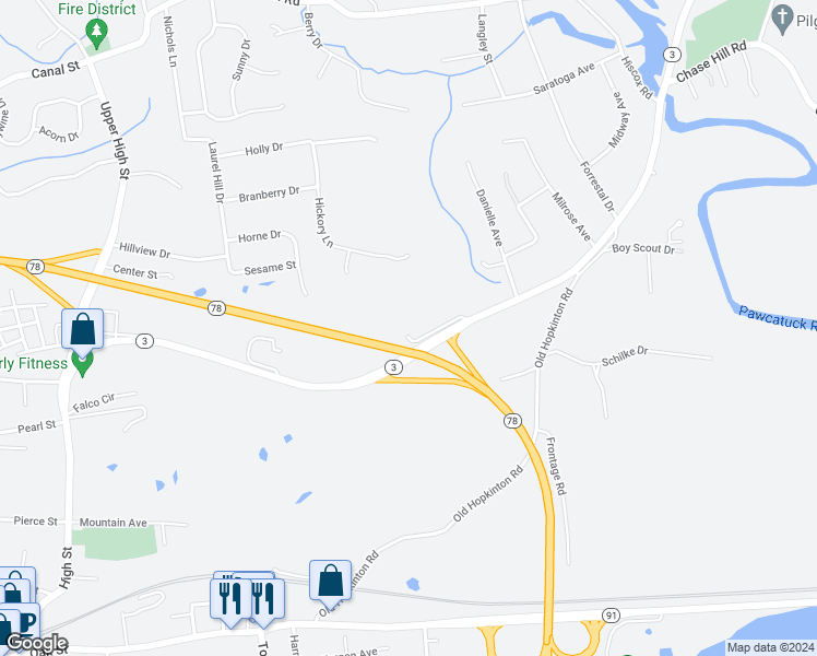 map of restaurants, bars, coffee shops, grocery stores, and more near 84 Ashaway Road in Westerly