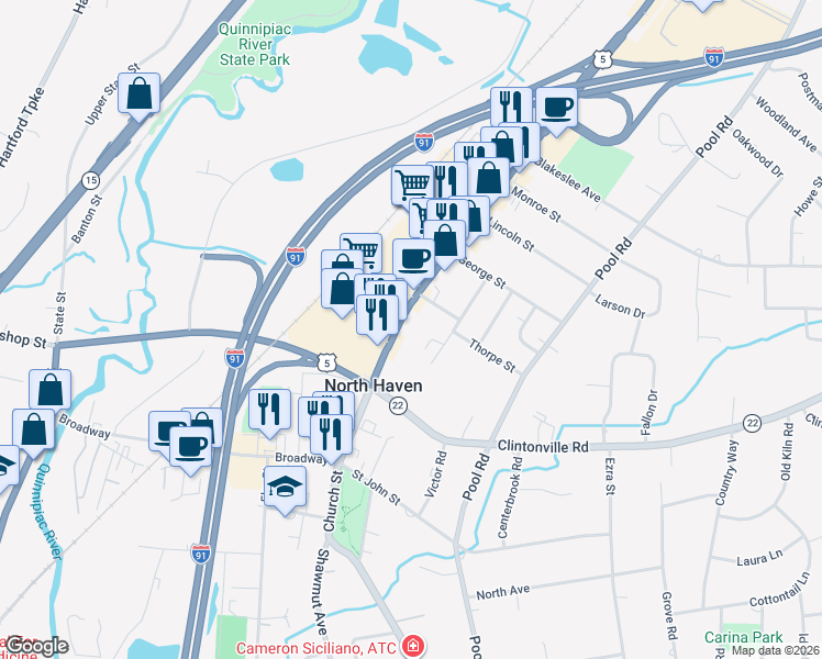 map of restaurants, bars, coffee shops, grocery stores, and more near 72 Washington Avenue in North Haven