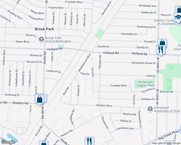 map of restaurants, bars, coffee shops, grocery stores, and more near 14288 Park Drive in Brook Park