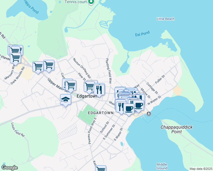map of restaurants, bars, coffee shops, grocery stores, and more near 45 Mill Street in Edgartown