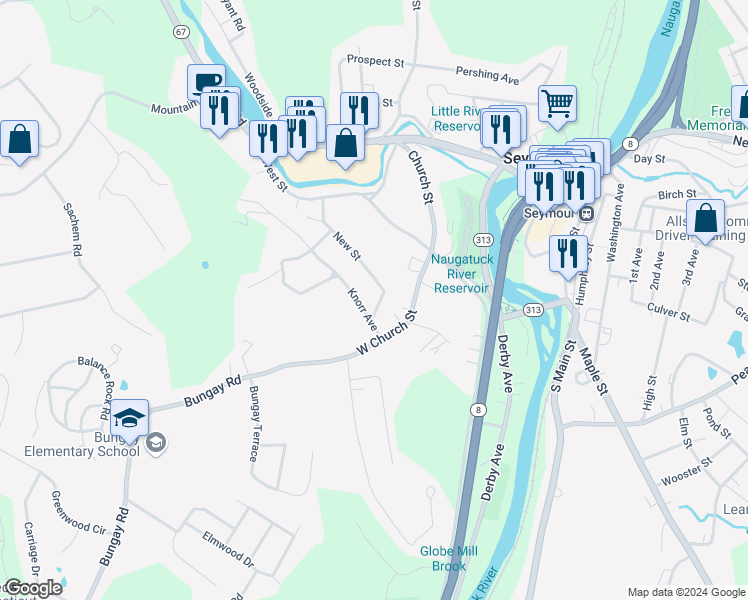 map of restaurants, bars, coffee shops, grocery stores, and more near 6 Hill Street in Seymour