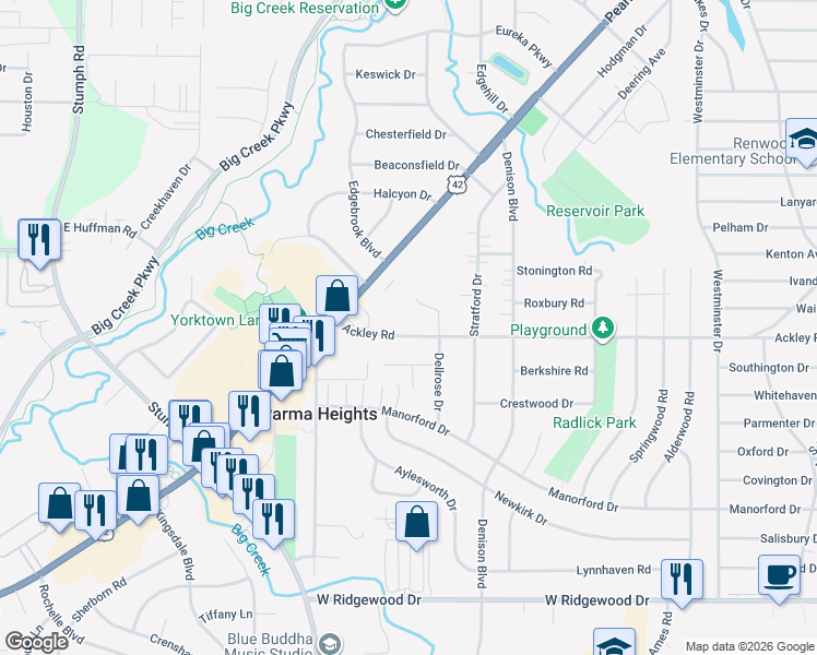 map of restaurants, bars, coffee shops, grocery stores, and more near 10102 Ackley Road in Cleveland