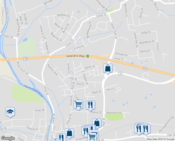 map of restaurants, bars, coffee shops, grocery stores, and more near 20 Niles Street in Westerly