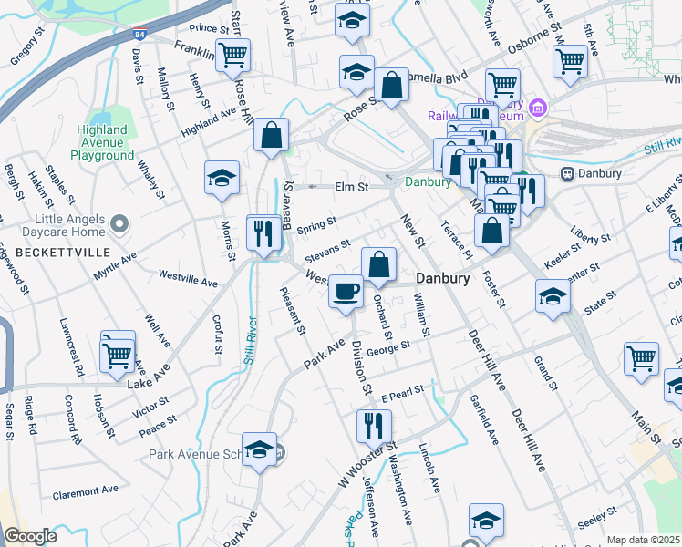 map of restaurants, bars, coffee shops, grocery stores, and more near 93 West Street in Danbury