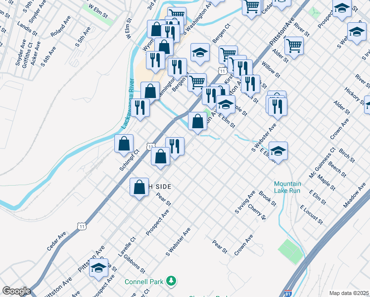 map of restaurants, bars, coffee shops, grocery stores, and more near 1321 Pittston Avenue in Scranton