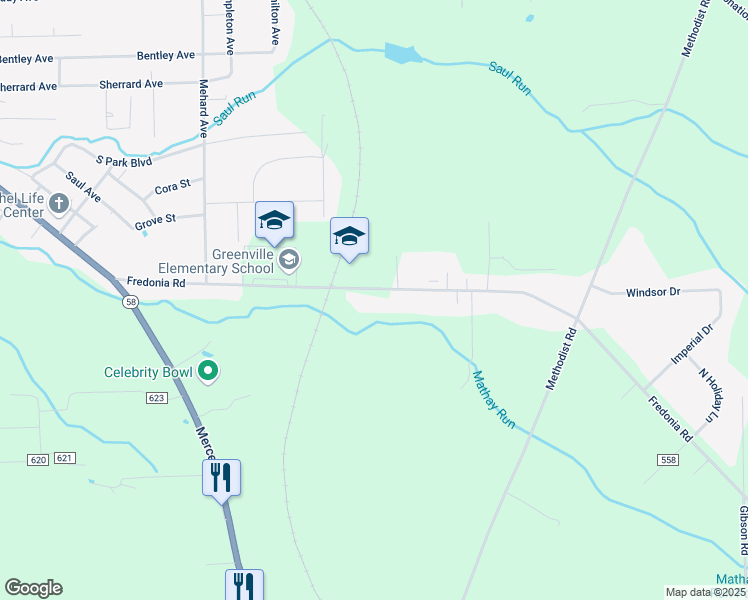 map of restaurants, bars, coffee shops, grocery stores, and more near 85 Fredonia Road in Greenville