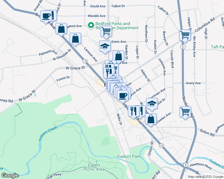 map of restaurants, bars, coffee shops, grocery stores, and more near in Bedford