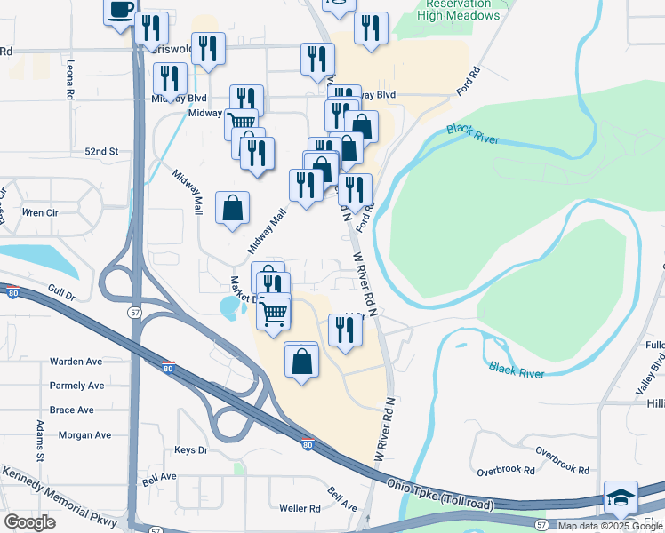 map of restaurants, bars, coffee shops, grocery stores, and more near 115 Fox Hill Lane in Elyria