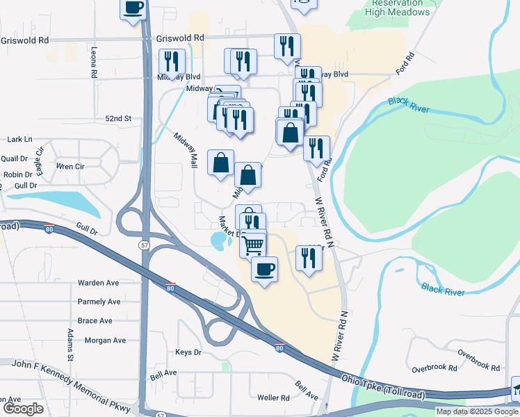 map of restaurants, bars, coffee shops, grocery stores, and more near 128 Fox Hill Lane in Elyria