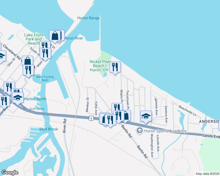 map of restaurants, bars, coffee shops, grocery stores, and more near 126 Mc Kinley Street in Huron